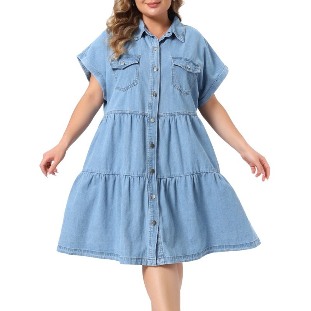Women Plus Size Button Down Tiered Denim Babydoll Dress Light Blue